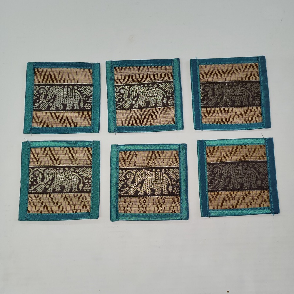 Unbranded‎ Coaster Set Unisex 4x4 Teal Elephant Woven Reed Thai Boho 6pc